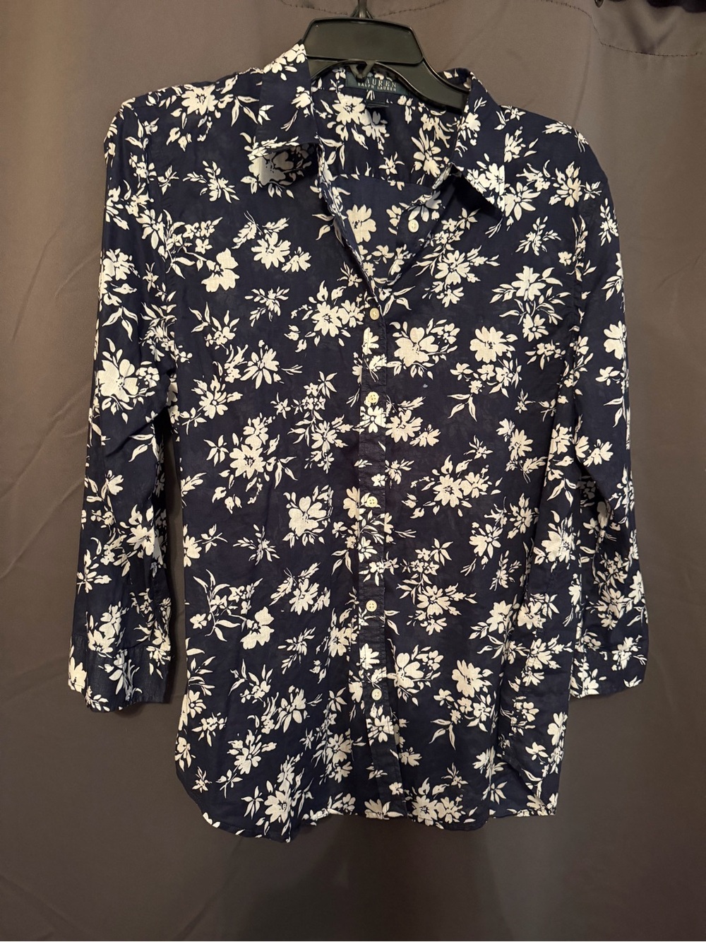 Lauren Ralph Lauren Navy and White Floral Button-Front Shirt